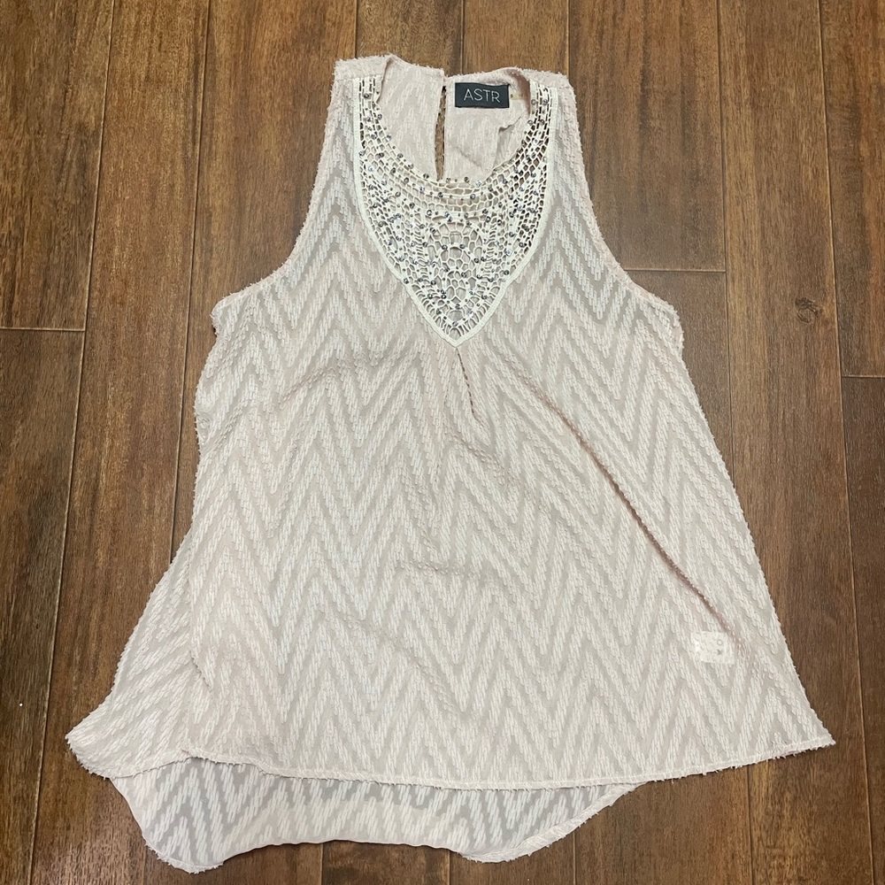 ASTR | Tank top with chevron design and beaded crocheted neckline.